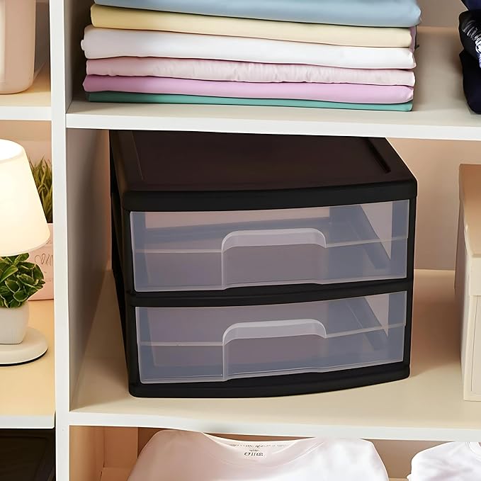 HOMZ 2-Pack 2-Drawer Storage Cart, Clear Plastic Drawers, 14.25" Wide Medium, Black Frame - Organizing Drawer Containers for Home, Bathroom, Bedroom, Office, and Classroom
