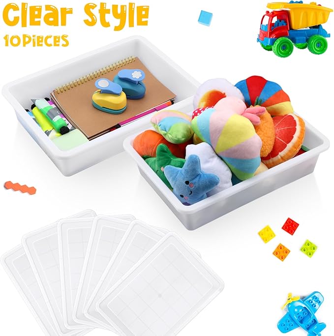 Hoteam 10 Pcs Flat Storage Organizer Tray Bin Letter Size Paper Tray for Classroom Plastic Stackable File Organizer for School Office Teacher Book Organization（ White, 13.78 x 9.84 x 3.15 Inch）