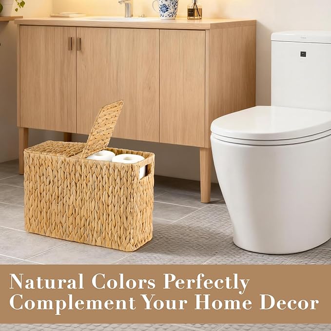 Toilet Paper Storage Basket with Lid, Water Hyacinth Toilet Paper Holder, Wicker Organizer Basket for 6 Mega Rolls, Decor Storage for Home, Bathroom, Living Room