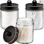 Apothecary Jar Canisters Bathroom Vanity Organizer - Qtip Holder Storage Organizer Countertop -Stainless Steel Lids &Cute Stickers for Qtips,Cotton Swabs,Makeup Sponges,Floss(3 Pack) (ORB)