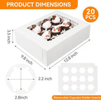 20-Set Cupcake Boxes Bulk with Clear Display Window Hold 12 Standard Cupcakes, Disposable Food Grade White Cupcake Carrier Cupcake Container, Perfect for Cupcakes Muffins Cookies Pastries