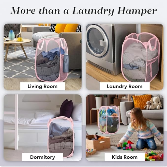 Handy Laundry Collapsible Mesh Pop Up Laundry Hamper, Breathable & Foldable Basket with Side Pocket, Space-Saving, Durable Handles, Wide Opening for Clothes, Toys & Storage, 14 x 13 x 24 in, Pink