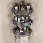 VOLPONE Corner Shower Caddy Suction Cup Shower Shelf Corner No Drilling Bathroom Shower Organizer Storage Rack Adhesive triangle with towel bar hooks 3 tier gray
