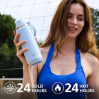 GREYLOCK 24 oz Insulated Water Bottle with Straw Lid, Leakproof Reusable Stainless Steel Vacuum Flask, 24hr Cold & Hot, Carry Handle & Silicone Spout, BPA-Free for Gym, Hiking, Travel,Blue