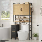 Over the Toilet Storage Cabinet with Doors, 2 Large Drawers & 6 Hooks, Over the Toilet Organizer with Toilet Paper Holder, Over the Toilet Storage for Bathroom, Laundry Room, Natural