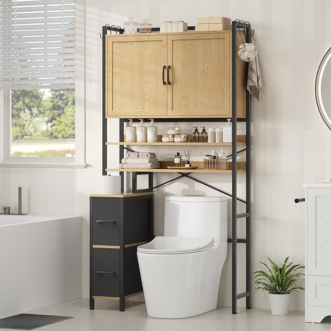 Over the Toilet Storage Cabinet with Doors, 2 Large Drawers & 6 Hooks, Over the Toilet Organizer with Toilet Paper Holder, Over the Toilet Storage for Bathroom, Laundry Room, Natural