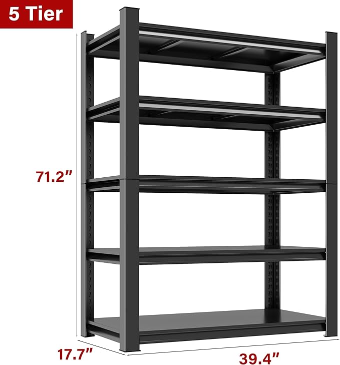 Heavy Duty Shelving 5-Tier, Garage Shelving Unit (72" H X 40" W X 18" D) Adjustable Black Metal Storage Shelves, Ideal for Garage, Basement, Pantry & Warehouse, Black, 3000LBS Capacity