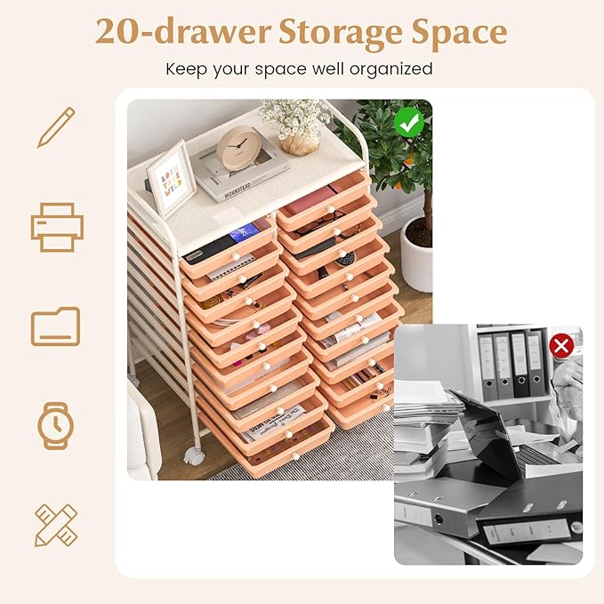 COSTWAY 20-Drawer Rolling Storage Cart, Utility Storage Organizer Cart for Tools, Scrapbook, Paper, Craft, Multipurpose Storage Trolley on Wheels for Home Office School, Peach
