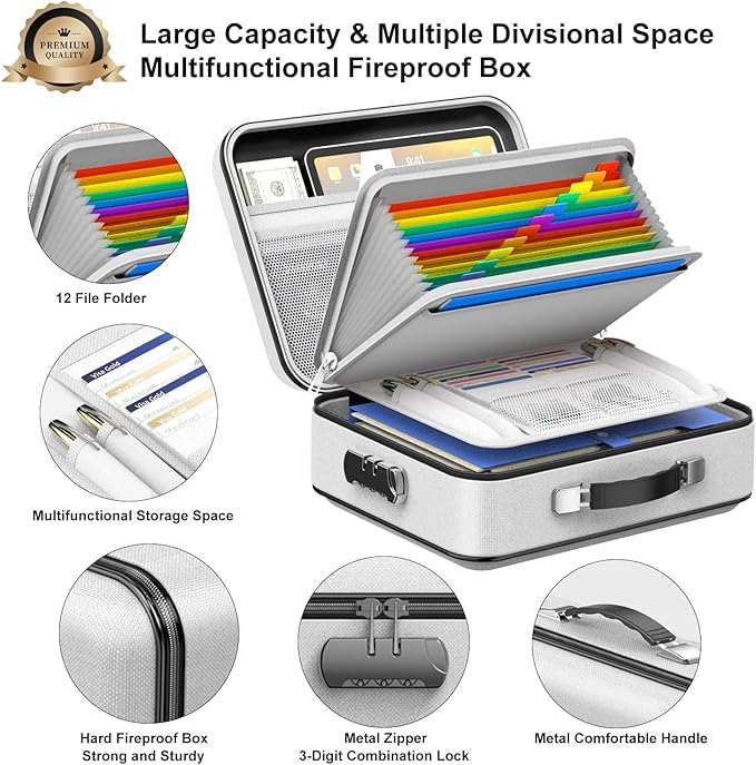 COLCASE Fireproof Document Box, Hard Case Fireproof File Organizer with Lock Hard-Shell Design Fireproof Water Resistant Safe Box for Important Documents Certificates Laptop Passports Gray