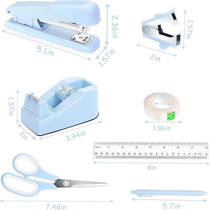 Blue Desk Accessories, Blue Office Supplies Accessories with Tape Dispenser, Stapler, Staple Remover, 1000 Staples, Tape, Clips Set, Ruler, Scissor, Pen