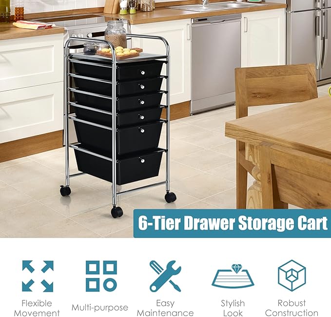 GOFLAME 6-Drawer Rolling Storage Cart, Multifunctional Art Craft Organizer, Mobile Utility Storage with Removable Drawers & Lockable Wheels, Craft Cart for Home Office, School, Black
