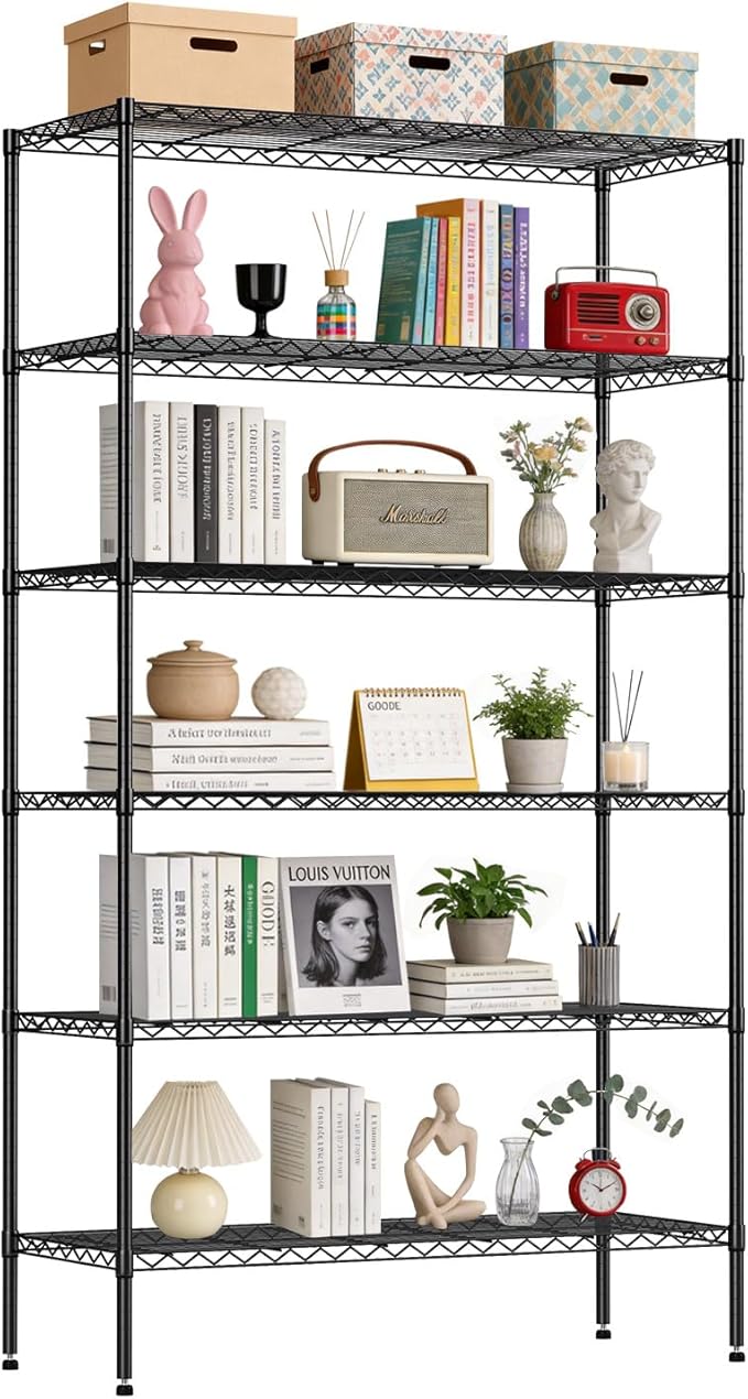 BestOffice | 6-Tier Wire Storage Shelves with Wheels | 18x45x82 | Black | Adjustable Racks | Heavy-Duty Metal Shelf, Holds Upto 2100 lbs | No-Tool Assembly | Ideal for Home & Garage Shelving