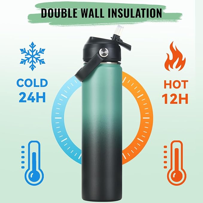 24oz Insulated Stainless Steel Water Bottle, Wide Mouth Double Wall Vacuum, Silicone Straw, Sweat & Leak Proof, BPA Free Insulated Water Flask for Travel, Keep Cold 24h Hot 12h, Green & Black