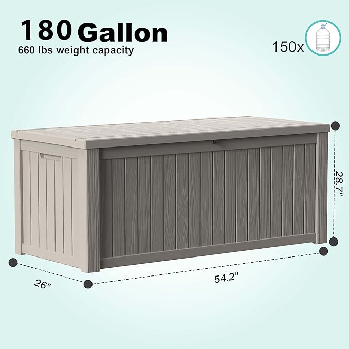 180 Gallon Outdoor Deck Box,Waterproof Resin Outdoor Storage Boxes, Outside Storage Lockable Container for Garden Tools,Indooor Cushions,Accessories (Grey)