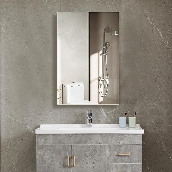 Medicine Cabinet Mirror with Storage, 16x26 inch Aluminum Bathroom Cabinet, Assembly Needed, Surface Mount or Recessed Wall Cabinet with Adjustable Glass Shelves for Bathroom Bedroom