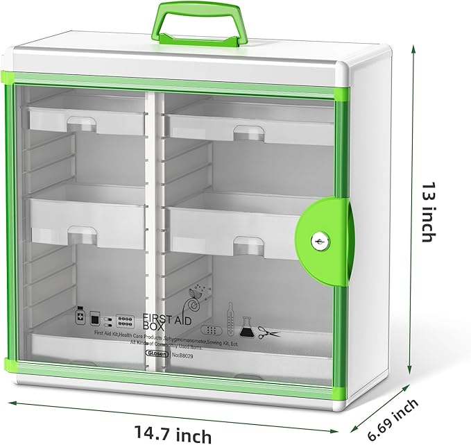 Glosen Medicine Cabinet with Key Wall Mounted Medication Lock Box 【 Green 15x 6.7 x 13 Inch】 Portable Storage Container Big Capacity
