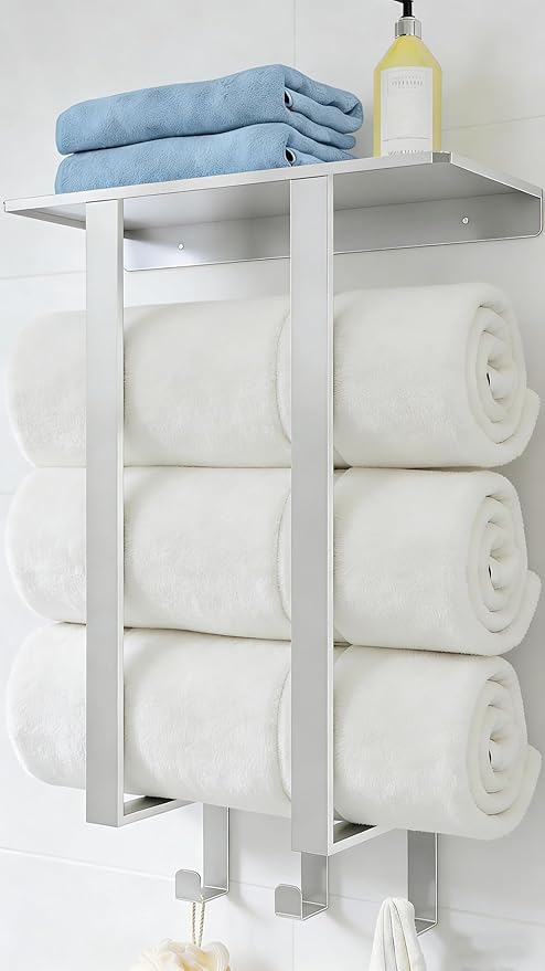 Towel Racks for Bathroom, BETHOM Towel Rack Wall Mounted with Shelf and 3 Hooks, Towel Storage for Small Bathroom for Rolled Bath Towels, Brushed Nickel
