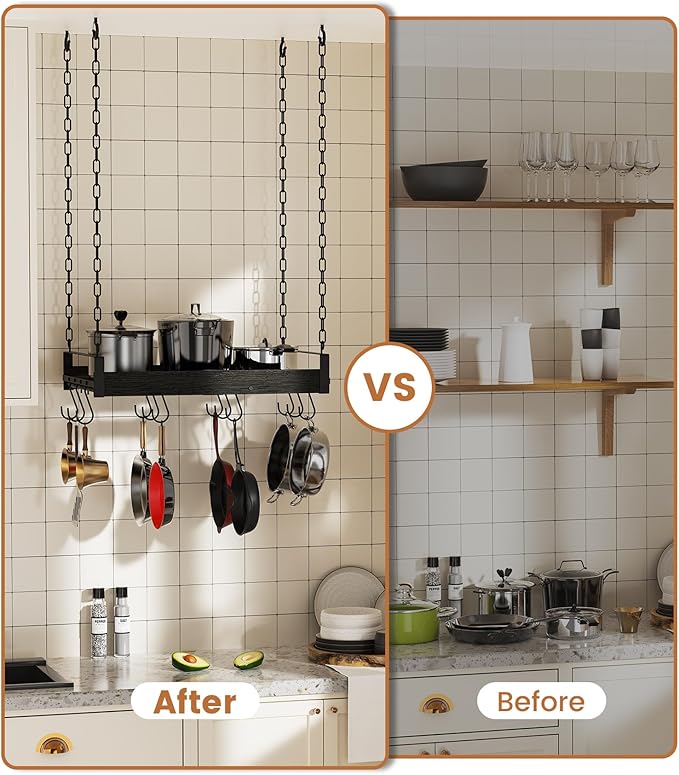 Hanging Pot Rack, 24x13 Inches Pot Hangers for Kitchen, Pan Hanging Rack with 12 S-Shaped Hooks, Vintage Ceiling Mounted Pan Holder for Cookware Storage, Charcoal Grey