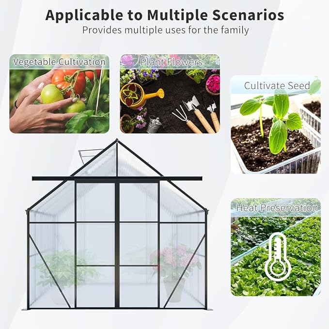 Double Sliding Door Polycarbonate Greenhouse with Rain Gutter and Roof Vent, Raised Base and Anchor Aluminum Heavy Duty Walk-in Green House, Outdoor Patio Sunroom (Black, 97.75*94.5*89.5in)