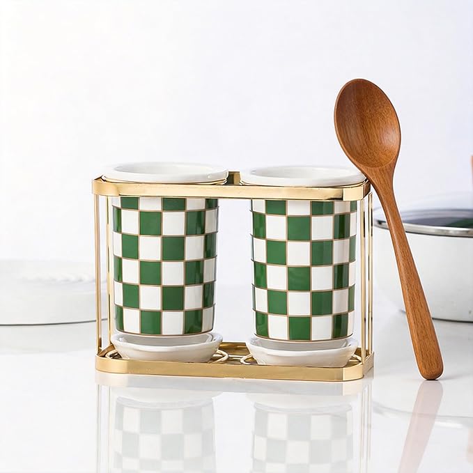 Ceramic Checkered Utensil Crocks with Gold Metal Rack, Black & White Grid Kitchen Utensil Storage, Farmhouse Kitchen Decor, Flatware Organizer & Home Accessory (Green)