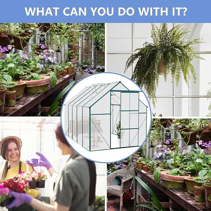 Polycarbonate Greenhouse with Rain Gutter and Roof Vent, Raised Base and Anchor Aluminum Heavy Duty Walk-in Green House, Outdoor Patio Sunroom with Sliding Door (Green, 122.44*74.8*76.77in)