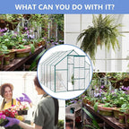 Polycarbonate Greenhouse with Rain Gutter and Roof Vent, Raised Base and Anchor Aluminum Heavy Duty Walk-in Green House, Outdoor Patio Sunroom with Sliding Door (Green, 122.44*74.8*76.77in)