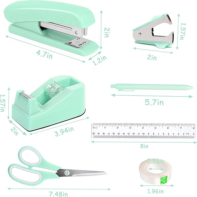 Green Office Supplies, Teal Desk Accessories Accessories with Tape Dispenser, Stapler, Staple Remover, 1000 Staples, Tape, Clips Set, Ruler, Scissor, Pen