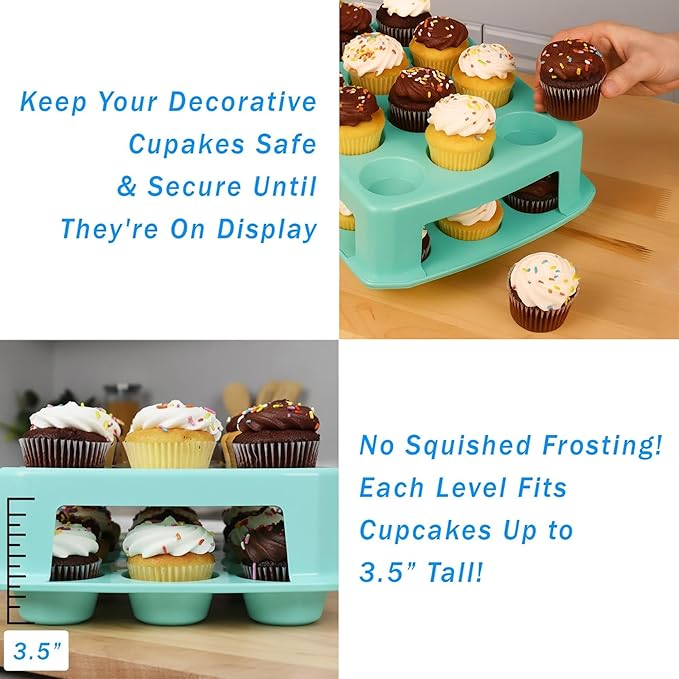 EXTRA TALL Cupcake Carrier 24 Count, 24 Cupcake Holder with Lid -Spacious 3.5” Tall Tiers Accommodate 24 Tall Frosted Cupcakes, Won't Smush! Cupcakes Containers Muffin Storage Container/ Muffin Holder