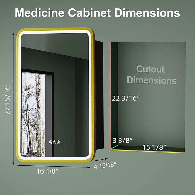 Medicine Cabinet with LED Lights and Mirror, 16W x 28H Inch Wall or Recessed Mounted Bathroom Cabinet with Right Hinge, Storage Shelf, Defogger, Memory Function, 3-Color Mode, Dimmer, Gold