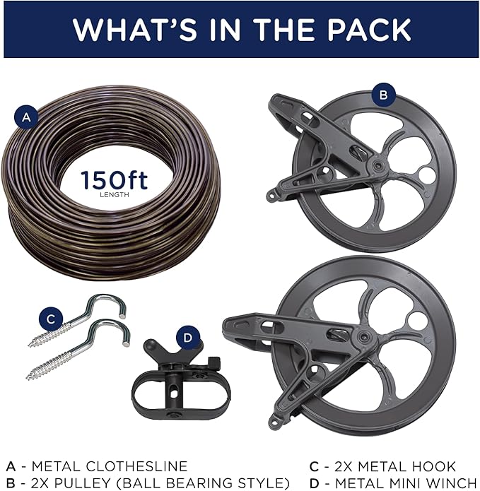 Strata Urban Grey Harmony Clothesline Outdoor Heavy Duty Kit - 150 Feet Galvanized Wire PVC Coating, 6.5" Clothes line Pulley 2pcs, Metal Mini Winch Tightener 1pc & 2 Metal Hooks