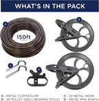 Strata Urban Grey Harmony Clothesline Outdoor Heavy Duty Kit - 150 Feet Galvanized Wire PVC Coating, 6.5" Clothes line Pulley 2pcs, Metal Mini Winch Tightener 1pc & 2 Metal Hooks