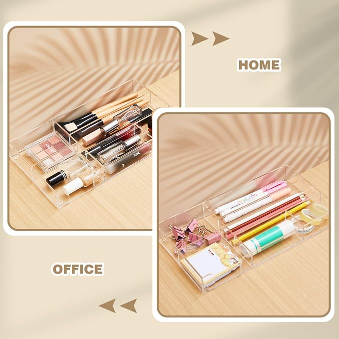 2 Pcs Clear Acrylic Desk Drawer Organizer 11 x 6 x 1.38 Inch Drawer Organizer Trays with 6 Compartments Desk Accessories for Office Makeup Silverware Bathroom