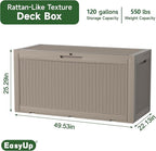 EasyUp 120 Gallon Outdoor Storage Box Waterproof, UV Resistant Resin Deck Box with Hydraulic Rod, Reinforced Stability for Patio, Garden, Rattan Gray
