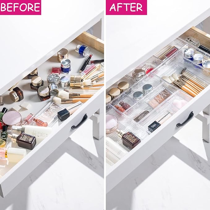 DCA 25 PCS Clear Plastic Drawer Organizer Tray, Bathroom Organizers and Storage Bins for Makeup, Kitchen Utensils, Jewelries, Gadgets, Office Desk