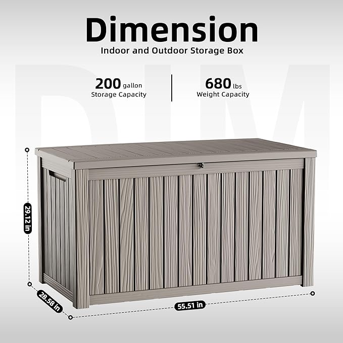 200 Gallon Outdoor Waterproof Resin Storage Deck Box Lockable Outside Bench UV Resistant Bin Patio Porch Furniture Pool Float Garden Tool Cushion Grey