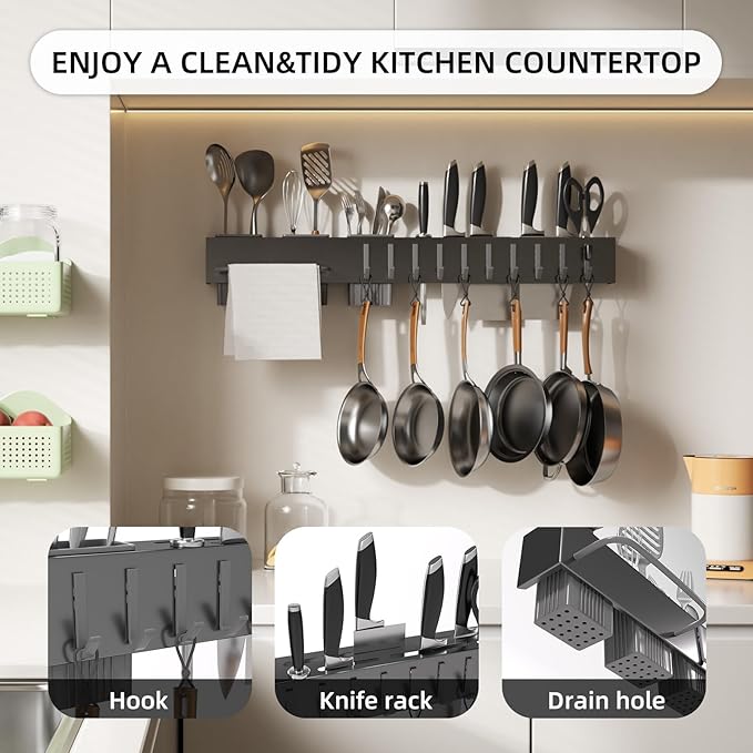 Stainless Steel Pot and Pan Hanger,Wall Mounted Pot Rack Kitchen Hanging Rail With S Hooks,Detachable Pans Hanging Rail Kitchen Utensils Hanger,23.7 Inch Wall Mounted Hanging Pot Rack