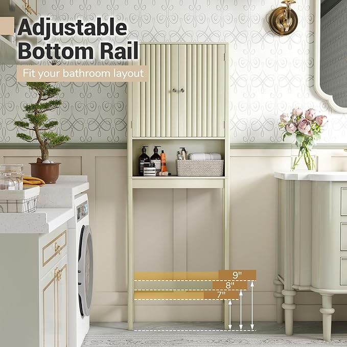 Giantex Over The Toilet Storage Cabinet, Bathroom Organizer w/Fluted Doors, Adjustable Shelf&Bottom Bar, Open Storage Cube, Space-Saving Above Toilet Storage Cabinet for Laundry (Cream White)