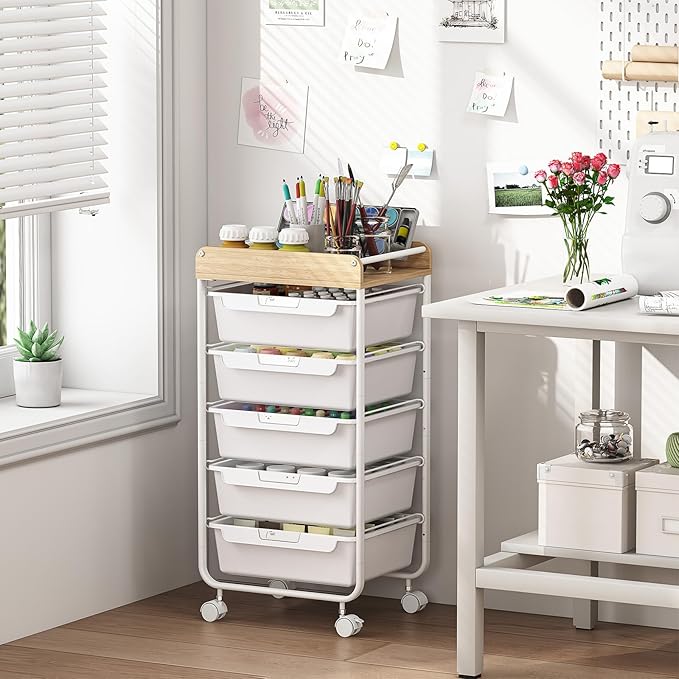 Utility Cart with Drawers,Craft Cart with 5 Drawers,Art Supply Organizer,Rolling Drawer Cart,Craft Storage Cart,Storage Drawer Carts With DIY Lable and Wooden Tabletop Area,White