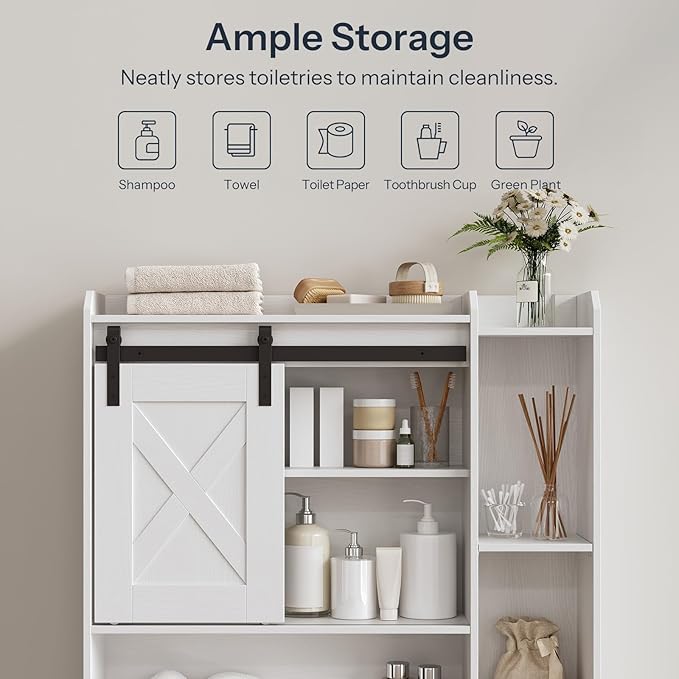 HOOBRO Over The Toilet Storage Cabinet with Sliding Barn Door, Toilet Paper Holder, Farmhouse Storage Cabinet, Wooden Bathroom Organizer, Bathroom, Laundry Room, White WT24TS01