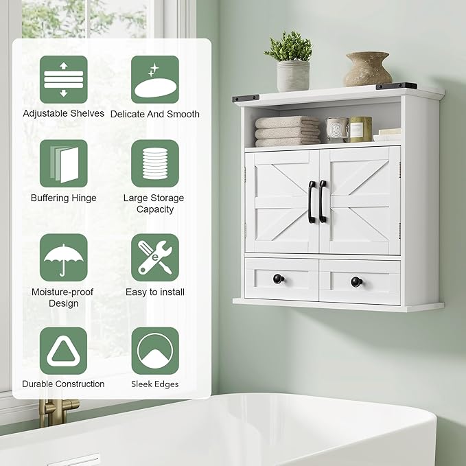 Bathroom Wall Cabinet, 23" x 25" Farmhouse Over The Toilet Storage with Motion LED Light & Safety Drawers, Wooden Medicine Cabinet, Water-Resistant White Organizer (9" Depth)
