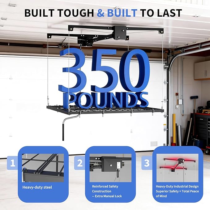 Heavy-Duty Overhead Garage Lifting Storage Rack, 4x4 ft Carbon Steel Ceiling Storage Rack with Manual Crank, Adjustable Organization System, Supports 350Lbs for Garages Workshops