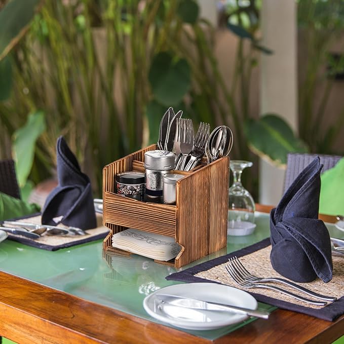 yarlung Wooden Utensil Caddy Flatware Holder, 5 Compartment Kitchen Sliverware Organizer Napkin Holder for Party, Dining Table, Restaurant or Outdoor