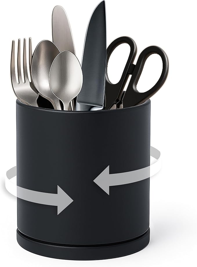 D'vine Dev 360° Rotating Utensil Holder – 5" Kitchen Utensil Crock for Countertop, Modern Cooking Tool Organizer for Kitchen Storage & Décor, Black, 72-X-B-1