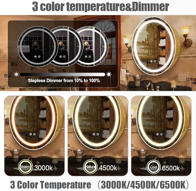 26inch Round Medicine Cabinet with Lights,Led Medicine Cabinet with Defogger,Illuminated Mirror Cabinet for Bathroom,Dimmable,Anti-Fog,3 Colors,Surface Mount only,Gold