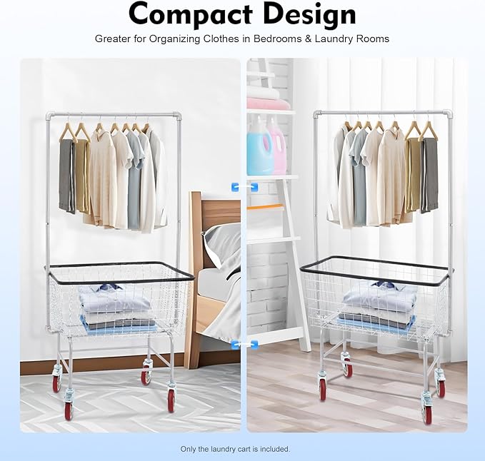 Steel Wire Laundry Cart, Rolling Laundry Basket With Wheels & Hanging Rack, Heavy Duty Large Laundry Basket Cart, Laundry Hamper Organizer for home, hotel, bathroom, commercial laundry