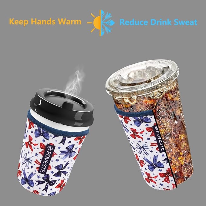 Reusable Neoprene Insulator Sleeve for Iced Coffee & Cold Soda, Coffee Sleeves for Iced & Hot Drinks, Cold Beverage Cooler Compatible with Starbucks, Dunkin (Bow&Patriot, Large: 32oz)
