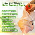 purifyou Set of 9 Reusable Produce Bags – Heavy Duty Washable Mesh Grocery Bags with Drawstring, Ideal for Farmers Market, Beach Storage, Refrigerator Use (Extra Large, Large, Small)