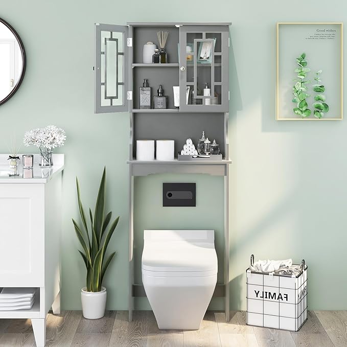 COSTWAY Over The Toilet Storage Cabinet, Bathroom Shelf Over Toilet, Double Door Bathroom Storage Cabinet Organizer with Adjustable Shelf, Open Shelf (Grey)