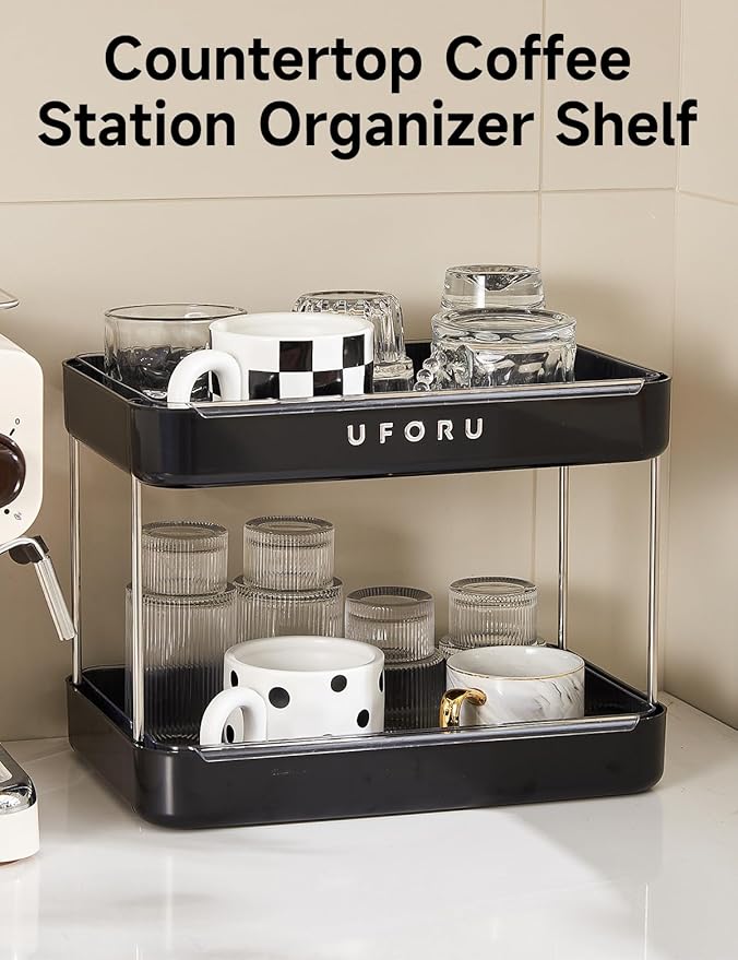Countertop Coffee Station Organizer, 2 Tier Wine Glass Holder, Mug Display Shelf with Removable Drain Tray, Spice & condiment Rack for Kitchen, Bathroom Countertop Organizer, Black