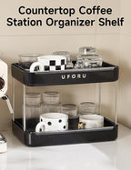 Countertop Coffee Station Organizer, 2 Tier Wine Glass Holder, Mug Display Shelf with Removable Drain Tray, Spice & condiment Rack for Kitchen, Bathroom Countertop Organizer, Black